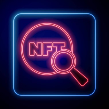 Parlayan neon arama NFT simgesi siyah arkaplanda izole edildi. Para iadesi olmayan jeton. Dijital kripto sanat konsepti. Vektör.