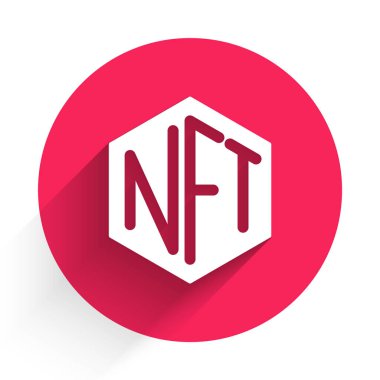 Beyaz NFT dijital kripto resim simgesi uzun gölge arkaplan izole. Para iadesi olmayan jeton. Kırmızı daire düğmesi. Vektör.