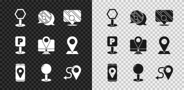 Şehir haritası navigasyonunun trafik levhası Infographic işaretleme simgesi ile City Push pin rotası parketme ve monitörünü ayarlayın. Vektör.