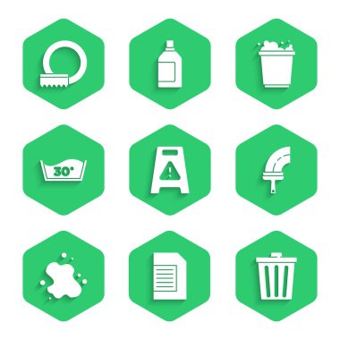 Çamaşır deterjanı deterjan temizleyicisini pencere için hazırla. Su dökme kovası köpük ve bulaşık yıkama ikonu ile yıka. Vektör.