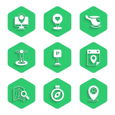 Otopark Pusula Konumunu kişi Seyahat Planlama Takvimi Arama Konumu Helikopter ve İzleyici simgesi simgesi ile ayarla. Vektör.