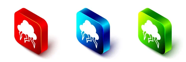 在白色背景上孤立的等距风暴图标 云和雷电的迹象 暴风雨的天气标志 蓝色和绿色正方形按钮 — 图库矢量图片