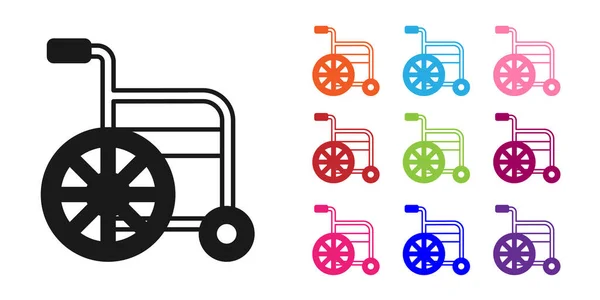 Zwarte Rolstoel Voor Gehandicapten Pictogram Geïsoleerd Witte Achtergrond Stel Pictogrammen — Stockvector