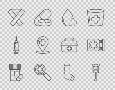 İlaç şişesi ve hapları ayarla tıbbi farkındalık haritası haritası için büyüteçle kan ve acil durum ikonunun tıbbi sembolünü ver. Vektör.