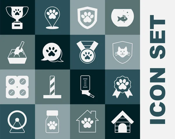 Set Dog House Pet Award Symbol Animal Health Insurance Paw — Stock Vector
