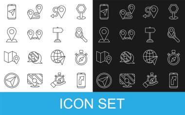 Hat Şehir Haritası Navigasyon Pusula Arama Konumu Rotası ve Yol trafik işareti simgesi simgesini ayarla. Vektör.