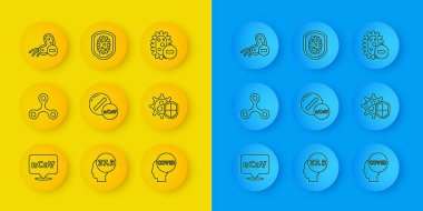 Corona virüsü 2019-nCoV hattını virüs ilacı tabletine ayarla. Covid-19 Shield negatif ve ikondan korunuyor. Vektör.