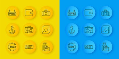 Satır konumunu SOS Fotoğraf Kamerası Çanta İmza Panosu metin Oteli ve Cüzdan simgesi ile ayarla. Vektör.