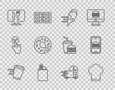 Kahve fincanını Chef hat Online 'a ayarla. Donut restoranının yerini araba ve ikonla sipariş et. Vektör.