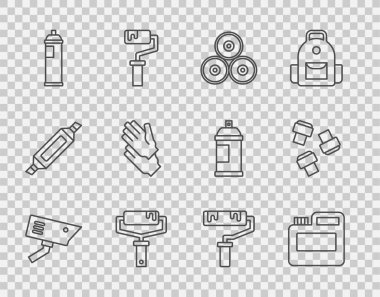 Güvenlik kamerası boya kavanozu boya spreyi fırça fırçası eldiveni ve işaret kalem ekleme simgesini ayarla. Vektör.