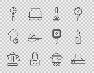 Electric kettle Kitchen vantilatör fanı barbekü spatulası apron Spatula kızartma tenceresi ve bir şişe zeytinyağı ikonu ayarlayın. Vektör.