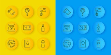 Sabit hat, omlet mikrodalga fırın biber şişesi zeytinyağı biber biberi elektrik karıştırıcı ve kızartma tavasında kızartma. Vektör.