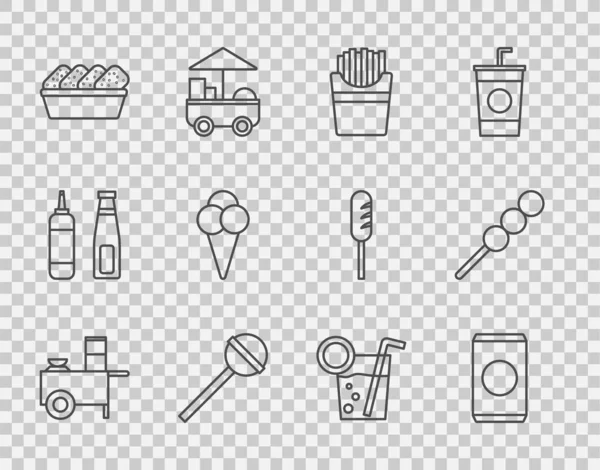 Set Line Fast Street Food Cart Lata Soda Con Paja — Vector de stock