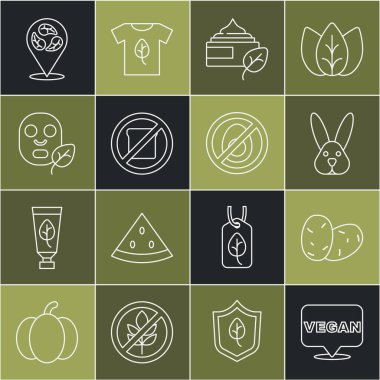 Vejetaryen gıda diyeti Patates Hayvanlara zulüm Organik Kozmetik Glutensiz Gluten yüz maskesi ve et ikonu yok. Vektör.