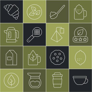 Bir bardak çay, limonlu çay kaşığı şeker süzgeci, elektrikli kruvasan ve torba ikonu. Vektör.