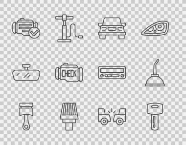 Hat piston otomobil anahtarını uzaktan hava filtresi ile kontrol et. Motor yağı ikonu için motor kazasını ve teneke kutuyu kontrol et. Vektör.