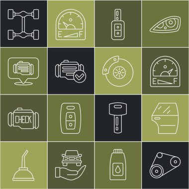 Hat zamanlayıcısı araç kapısı motor gaz göstergesi anahtarı uzaktan kontrol motoru Chassis arabası ve fren diski kalibre simgesi ile ayarlayın. Vektör.