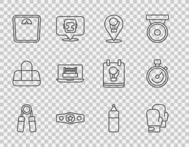 Sport genişletici boks eldiven kemeri banyo terazisi kum torbası ve Stopwatch simgesini ayarla. Vektör.