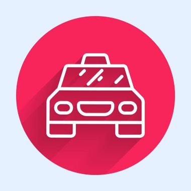 Beyaz çizgi taksi ikonu uzun gölge arkaplan izole. Kırmızı daire düğmesi. Vektör.