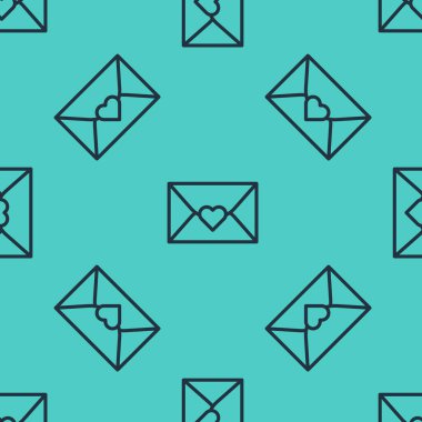 Sevgililer Günü ikonlu siyah çizgi Zarfı yeşil arka planda kusursuz desen izole etti. Mesaj aşkım. Aşk ve romantizm mektubu. Sevgililer günün kutlu olsun. Vektör.