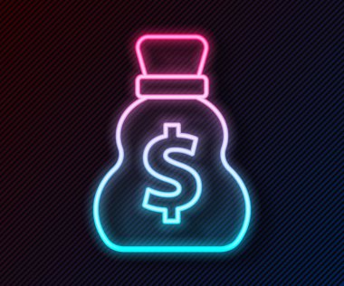 Parlayan neon hattı. Eski para çantası simgesi siyah arka planda izole edilmiş. Nakit bankacılık tabelası. Vektör.
