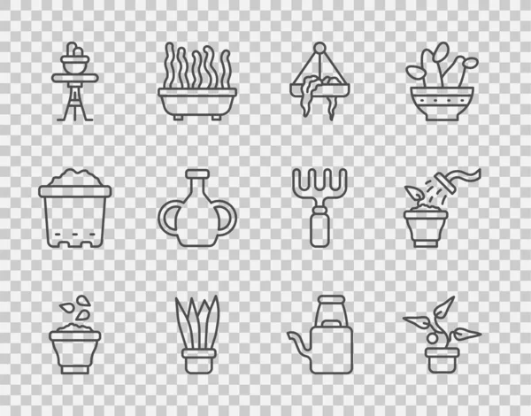 将线状种子放置在挂在桌上的盆栽中 浇水罐和喷洒植物图标 — 图库矢量图片