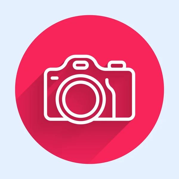 白线摄影相机图标隔离长阴影背景 脚踏相机 数字摄影 红圈按钮B — 图库矢量图片