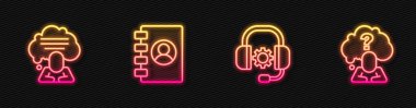 Satır başlıkları, konuşma balonu sohbetleri, adres defteri ve soru işareti. Parlayan neon ikonu. Vektör.