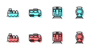 Tren ve demiryolu petrol tankeri, otobüs ve tramvay ikonu ayarlayın. Vektör.