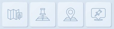 Çizgi katlanmış haritayı konum işareti ve Push pimi ile ayarla. Beyaz kare düğme. Vektör.