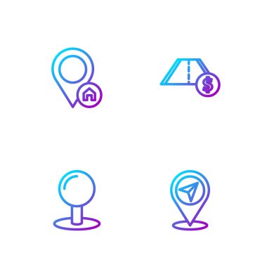 Harita Pimi İtme konumunu ev ve paralı yol trafiği ile ayarla. Renk simgeleri. Vektör.