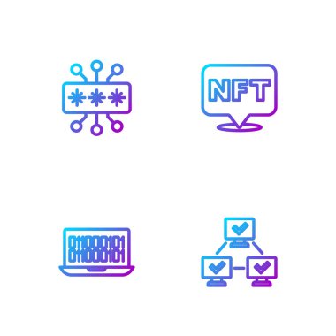 Hat NFT engelleme teknolojisi ikili kod siber güvenlik ve dijital şifreleme sanatı. Renk simgeleri. Vektör.