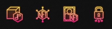 NFT dijital kripto sanat engelleme teknolojisi ve Siber güvenlik hattını ayarlayın. Parlayan neon ikonu. Vektör.