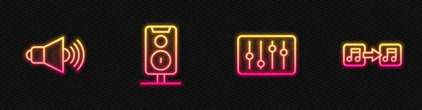 设置线混音控制器 扬声器音量 立体声扬声器和乐谱 发光的霓虹灯图标 — 图库矢量图片