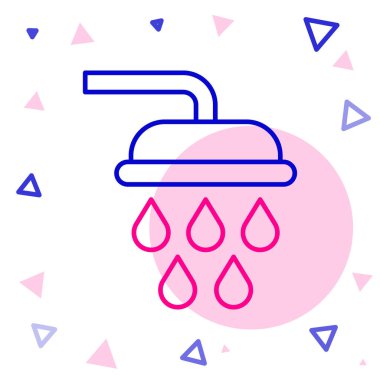 Beyaz zemin üzerinde su damlaları akan ikon olan çizgi duş başlığı izole edildi. Renkli taslak konsepti. Vektör.