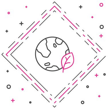 Dünya çizgisi küresi ve yaprak simgesi beyaz arkaplanda izole edildi. Dünya ya da Dünya işareti. Geometrik şekiller. Çevresel konsept. Renkli taslak konsepti. Vektör.