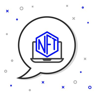 Line Laptop with art store app icon isolated on white background. Technology of selling NFT tokens for cryptocurrency. Non fungible token concept. Colorful outline concept. Vector.
