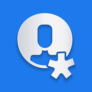 Kağıt kesiği mavi arka planda seçilmiş çalışan simgesi. Kafa avcılığı. İş hedefi ya da İş Bulma. İş için insan kaynakları ve adam toplama. Kağıt sanatı tarzı. Vektör.