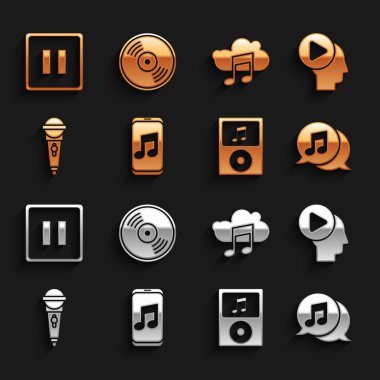 Müzik çalıcısını ayarlayın Konuşma balonunda notaları olan müzik liderlerini Mikrofon yayın servisi duraklamasında ve Vinil disk simgesinde ayarlayın. Vektör.