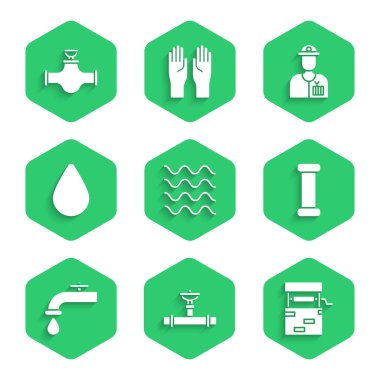 Dalga Endüstrisi borusunu ve valfi ayarlayın. Metalik su musluğu, musluk musluğu ve ikonu bırakın. Vektör.