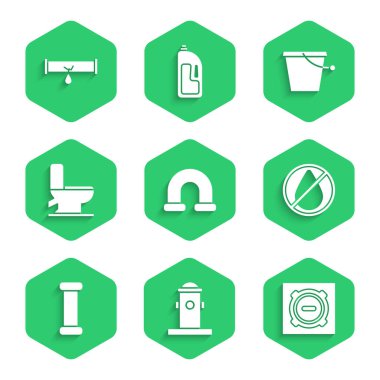 Endüstriyel metalik boru yangın musluğu kanalizasyon kanalizasyonu kapağı yasak tuvalet kovası ve sızdıran su ikonu ile kırılmış. Vektör.