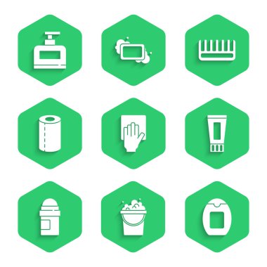 Temizlik sepetini sabun köpüğü ile şampuan tüpü diş macunu antiterletici deodorant rulo kağıt havlu saç fırçası ve ikon ile ayarla. Vektör.