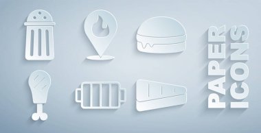 Barbekü Burger Tavuk Bacağı Et Lokasyonu 'nu ateş ve tuz ikonu ile kurun. Vektör.