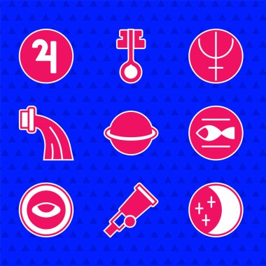 Güneş tutulması Satürn Teleskop Gezegeni Aquarius Neptün gezegeni ve sembol Jüpiter ikonu ile Balık burcu madalyonu ayarlayın. Vektör.