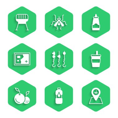 Izgara şiş kebabı bir şişe su pikniğinin üzerine koyun. Fruit Folded Harita Sosu şişesi ve ızgara ızgara ikonu ile kağıt cam. Vektör.