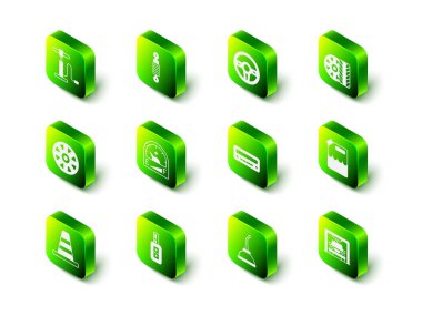 Şok emici direksiyon lastiği teneke kutusunu benzin, motor yağı ve uzaktan kumandalı anahtar için ayarla. Vektör.