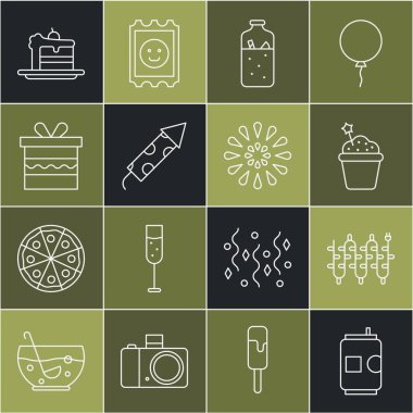 Bira kutusu, Noel ışıkları, kek, sıcak şarap, havai fişek, hediye kutusu ve ikon. Vektör.