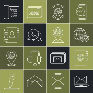 Laptop 'ı zarf defteri Dünya posta kalkanı ve e-posta konuşma balonu sohbeti ve konum simgesi ile ayarla. Vektör.