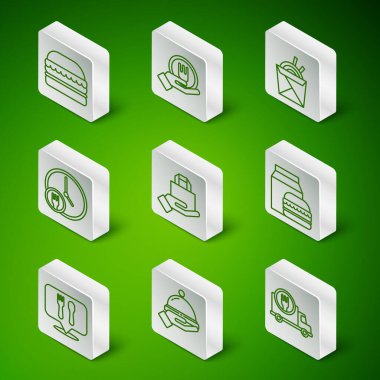 Hizli teslimat arabasiyla ayarlaniyor, tepside Burger Online yemegi siparis veriliyor ve saat basinda Cafe restoranin yeri ve hamburger ikonu. Vektör.