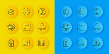 Dağıtım listesi panosunun doğrulanmasını ayarlayın. Dünya çapında karton karton karton karton tahta kutu. Kırık Stopwatch Kırık cam ve paket simgesiyle Gear tekerleğini silin. Vektör.